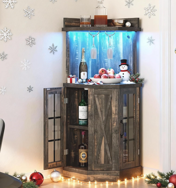 Farmhouse Corner Wine Bar Cabinet 4-Tiers Liquor Cabinets with LED Lights and Glass Door and Glass Holder for Home Kitchen 