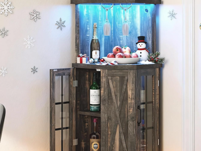 Farmhouse Corner Wine Bar Cabinet 4-Tiers Liquor Cabinets with LED Lights and Glass Door and Glass Holder for Home Kitchen