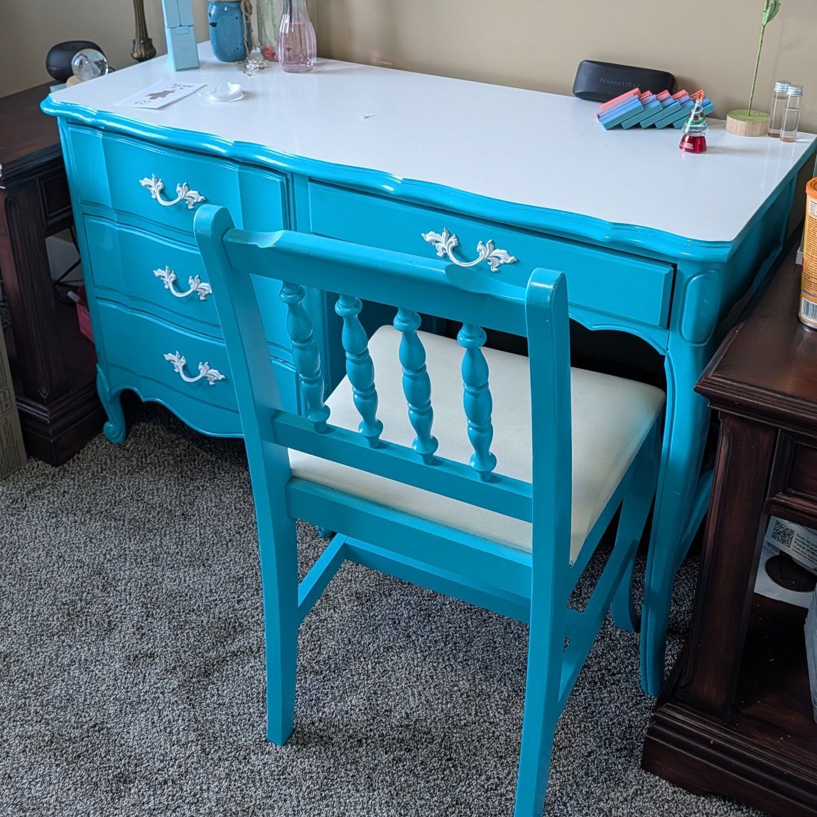 Desk, chair, and twin bed frame