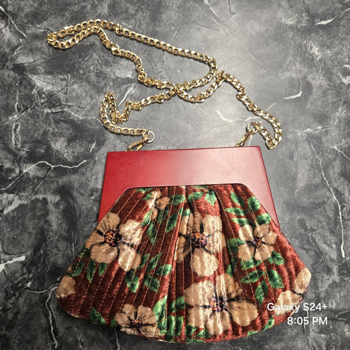 Anthropologie Red Wood Floral Pleated Clutch Crossbody Bag Gold Chain