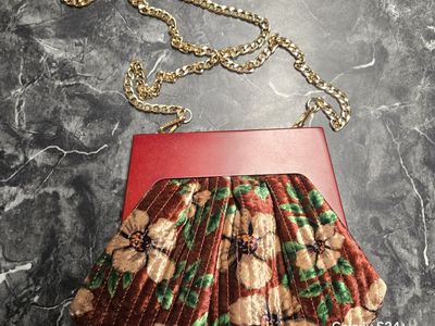 Anthropologie Red Wood Floral Pleated Clutch Crossbody Bag Gold Chain