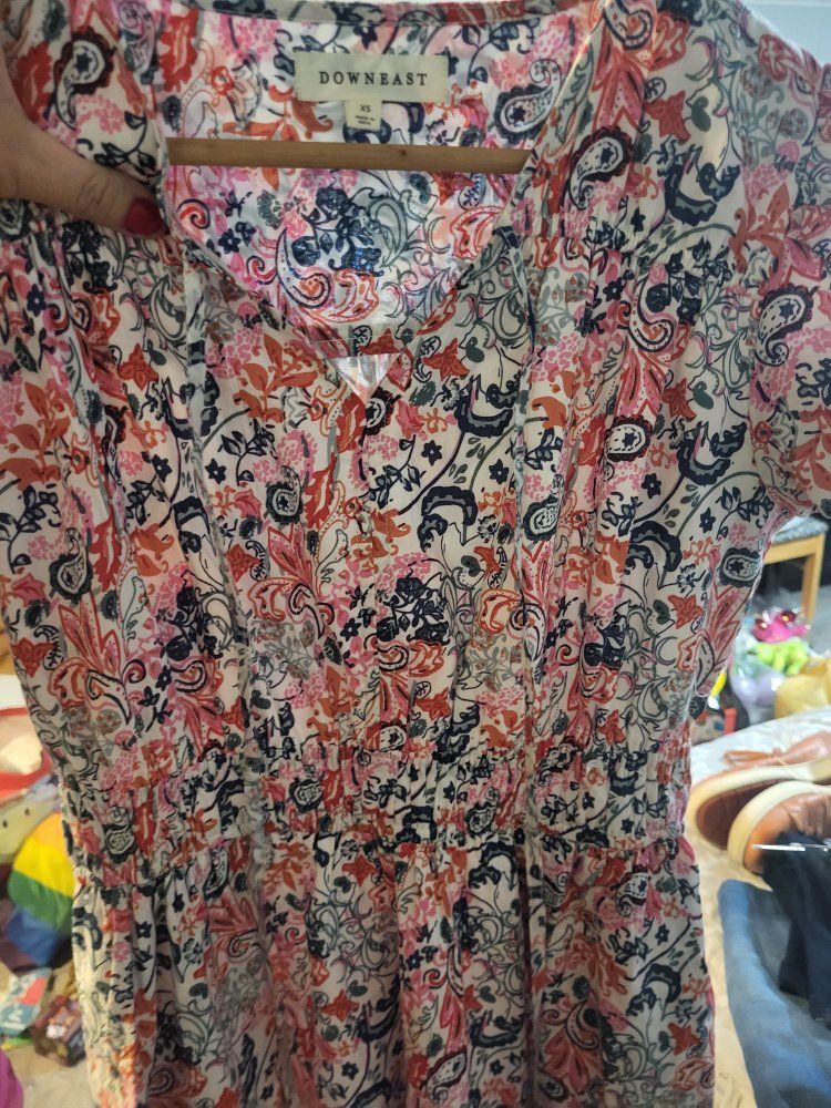 DownEast Floral Paisley Smocked Waist Mini Dress Women's Size XS Puff Sleeve