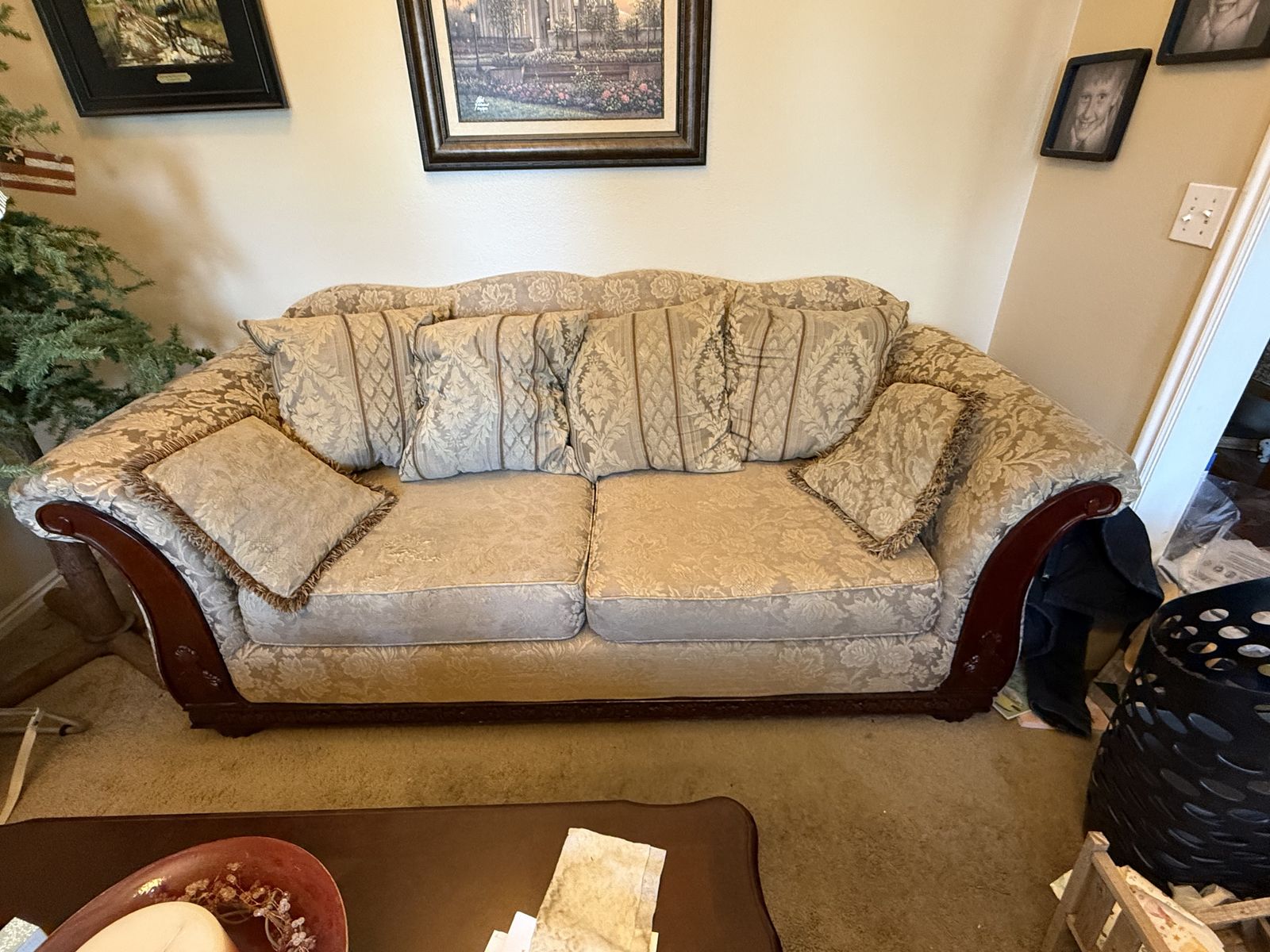 Ornate Traditional Fabric Sofa & Loveseat with Carved Wood Accents and Matching Coffee & End Table Set