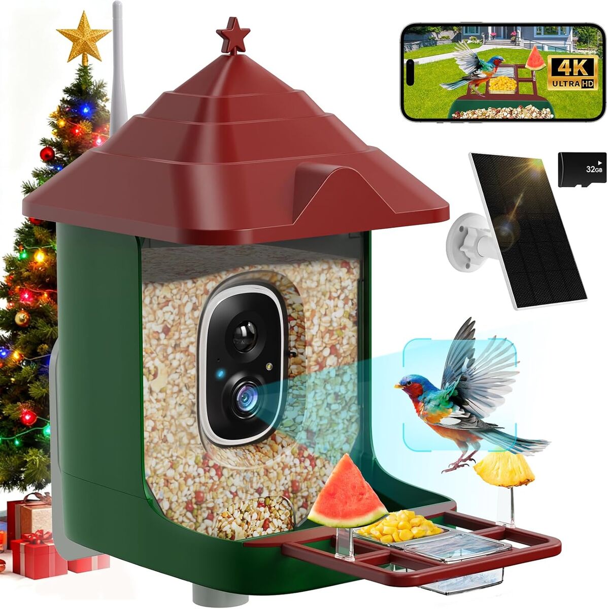 Smart Bird Feeder with Camera, Solar Panel & 5200mAh Battery, 4K HD Video, AI Identification, Instant Arrival Alerts & Alarm