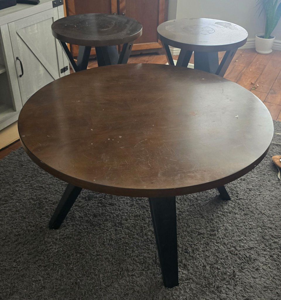 OBO-Round Wood Coffee Table and 2 Matching End Tables - Dark Wood & Black Legs