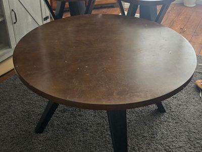 OBO-Round Wood Coffee Table and 2 Matching End Tables - Dark Wood & Black Legs