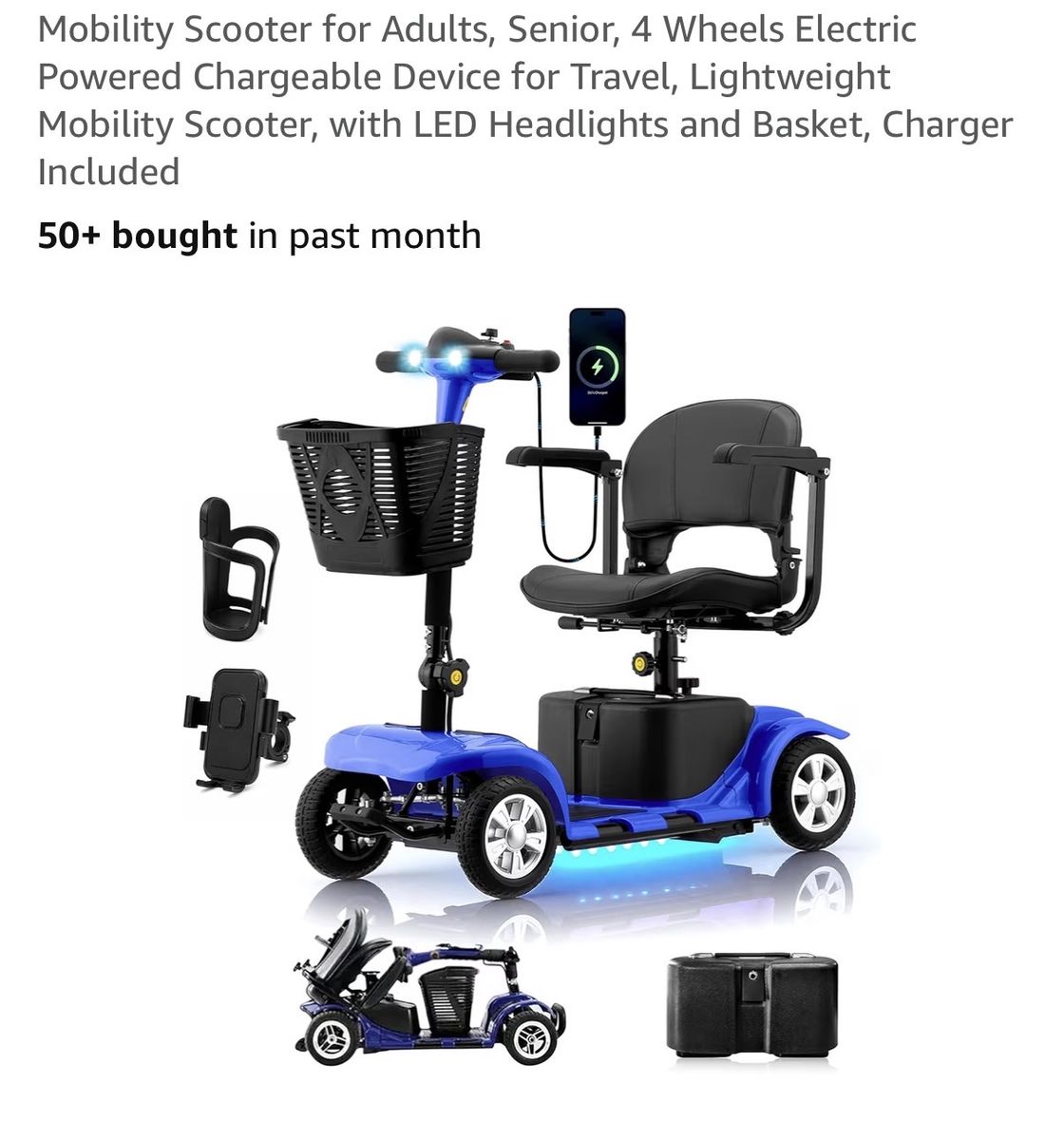 Lightweight Foldable 4-Wheel Electric Mobility Scooter for Adults/Seniors with LED Headlights & Basket