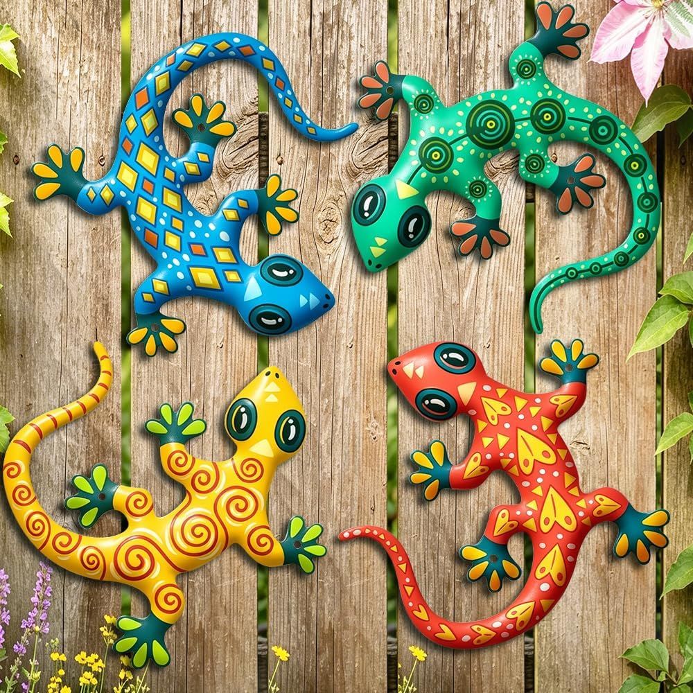 Metal Gecko Wall Decoration 4 pack - 8.7 inches Outdoor Lizards Decoration for Garden Backyard Fence Patio