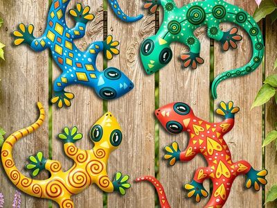 Metal Gecko Wall Decoration 4 pack - 8.7 inches Outdoor Lizards Decoration for Garden Backyard Fence Patio