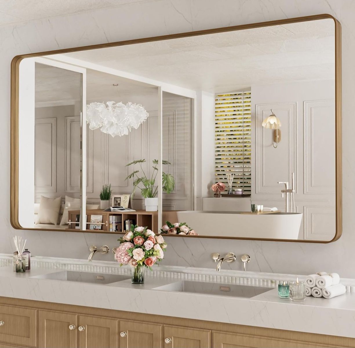 LOAAO 84X32 Inch Bathroom Mirror with Wood Grain Colored Metal Frame