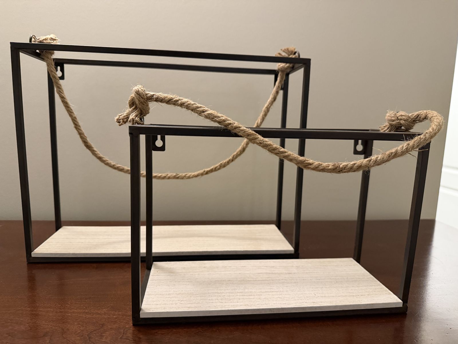 Industrial Farmhouse Wall Decor Shelves - Set of 2 Floating Rope & Wood Accent Shelves