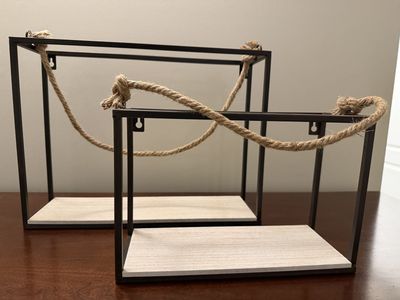 Industrial Farmhouse Wall Decor Shelves - Set of 2 Floating Rope & Wood Accent Shelves