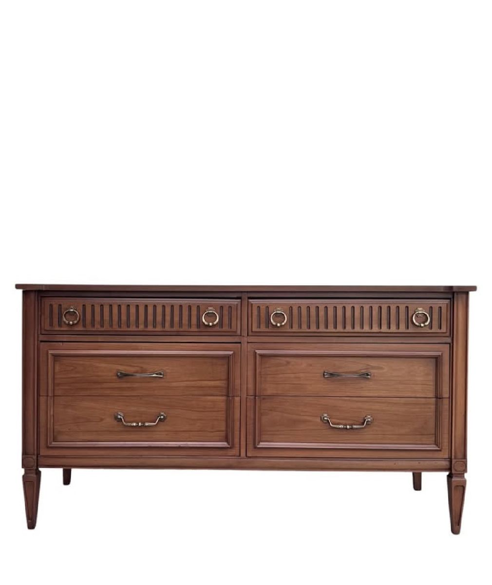 Vintage Wood 6-Drawer Low Credenza Dresser with Decorative Hardware