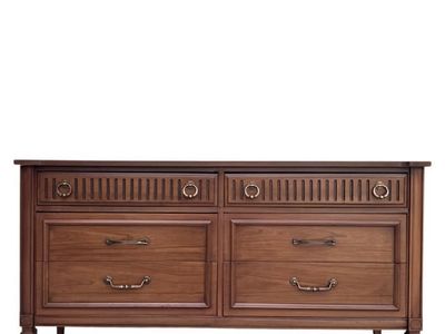 Vintage Wood 6-Drawer Low Credenza Dresser with Decorative Hardware
