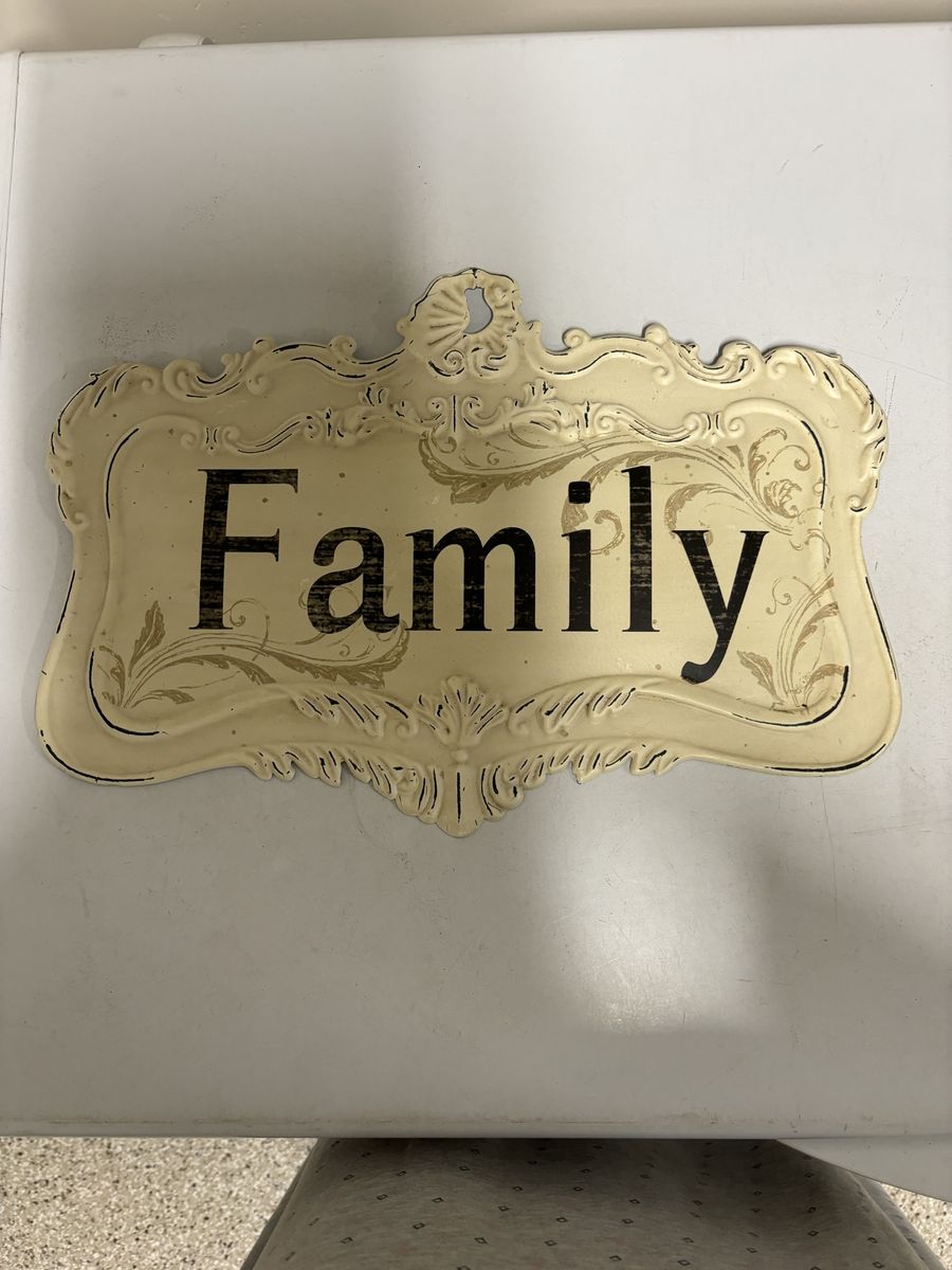 Country French "Family" Wall Art Decor - Ornate Cream & Black Metal Sign