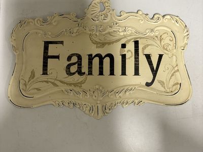 Country French "Family" Wall Art Decor - Ornate Cream & Black Metal Sign