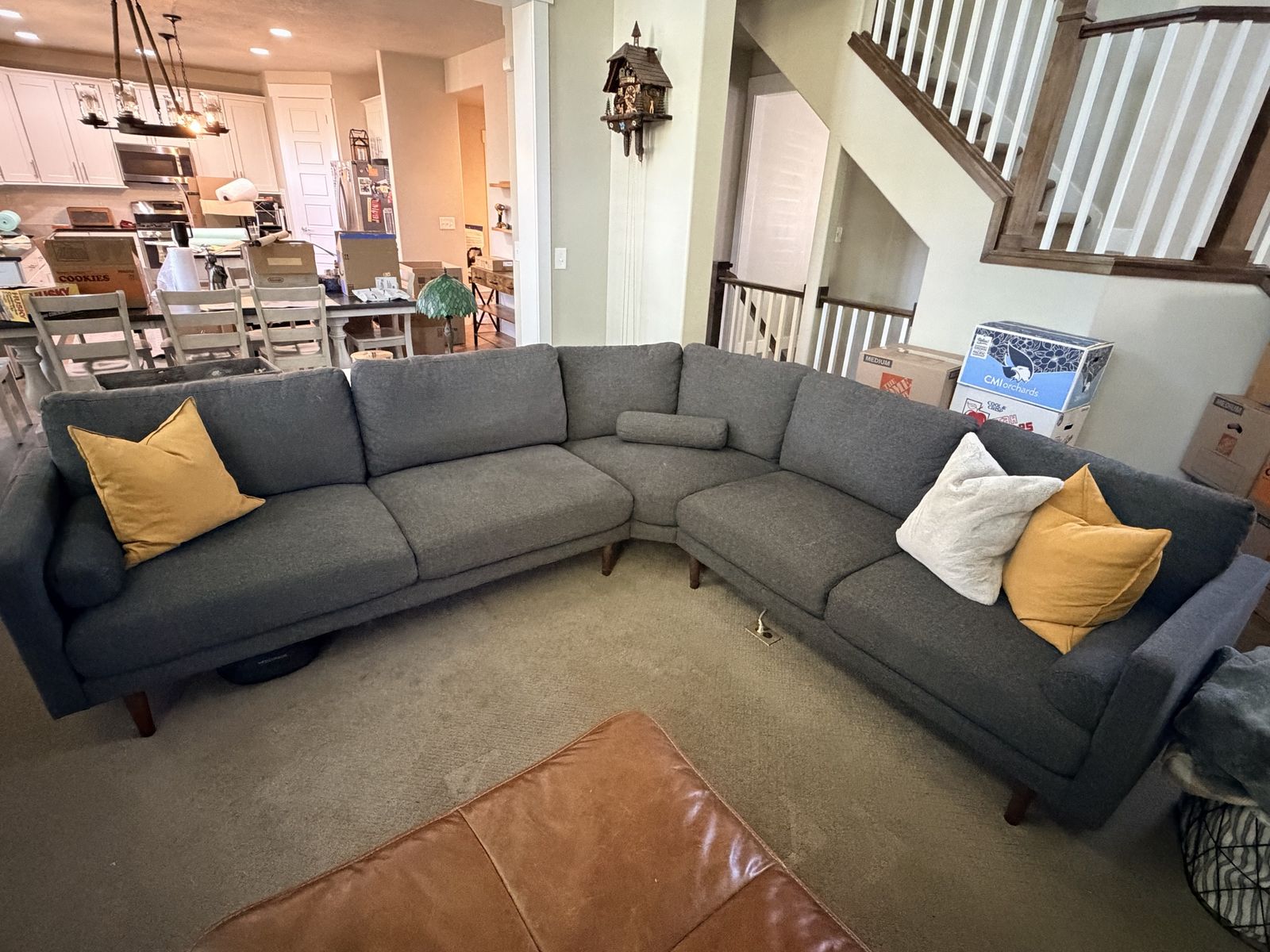 Modern Gray Fabric Sectional Sofa Couch and Arm Chair - Large Seating with Wood Legs