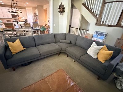 Modern Gray Fabric Sectional Sofa Couch and Arm Chair - Large Seating with Wood Legs