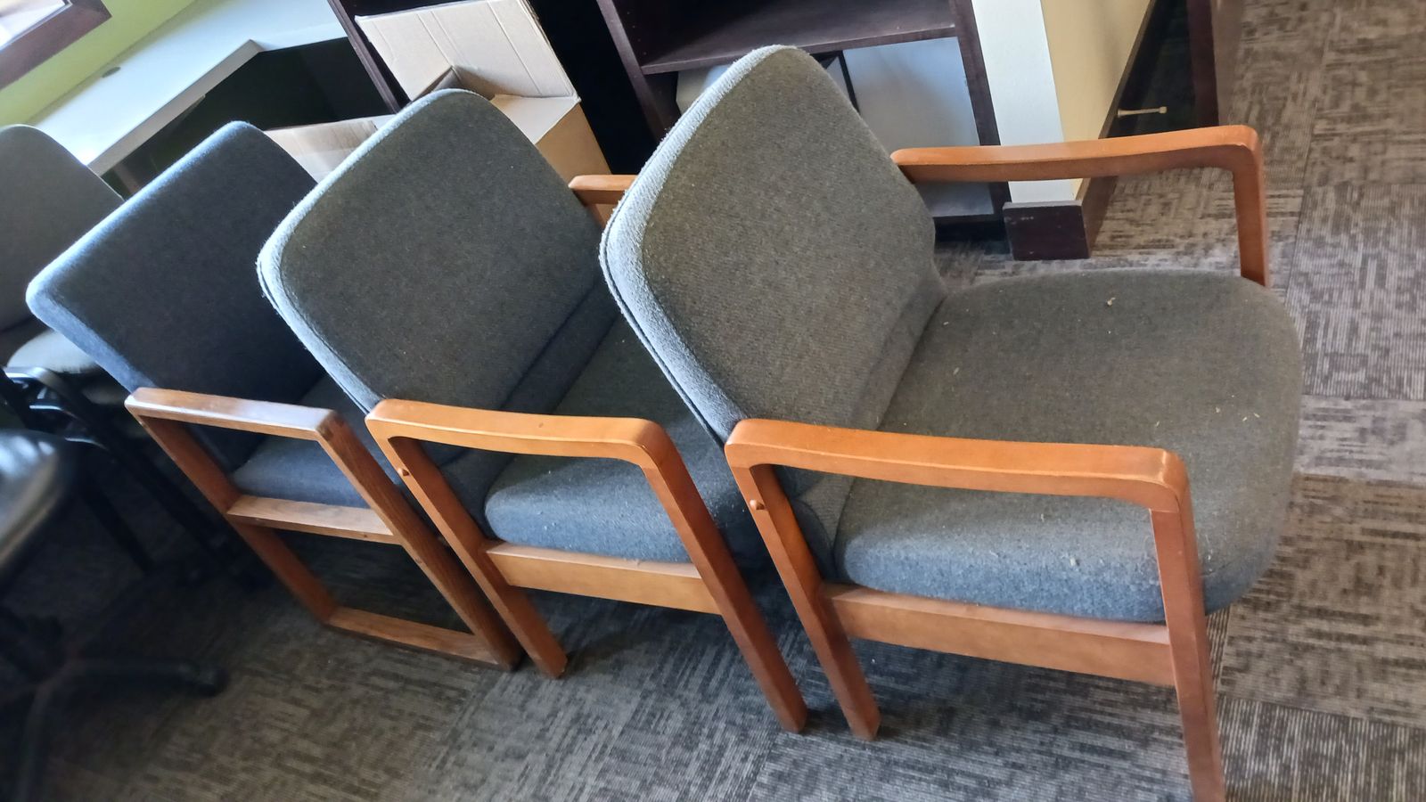 Set of 3 Wood Frame Armchairs with Grey Upholstery - Mid-Century Modern Style Seating