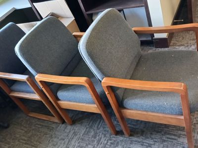 Set of 3 Wood Frame Armchairs with Grey Upholstery - Mid-Century Modern Style Seating