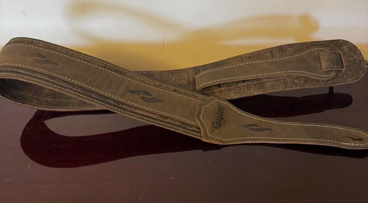 Taylor Distressed Brown Leather Guitar Strap with Flame Inlay - Unused, Brand New
