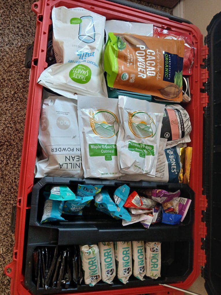 Bug out box filled with storage food