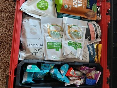 Bug out box filled with storage food