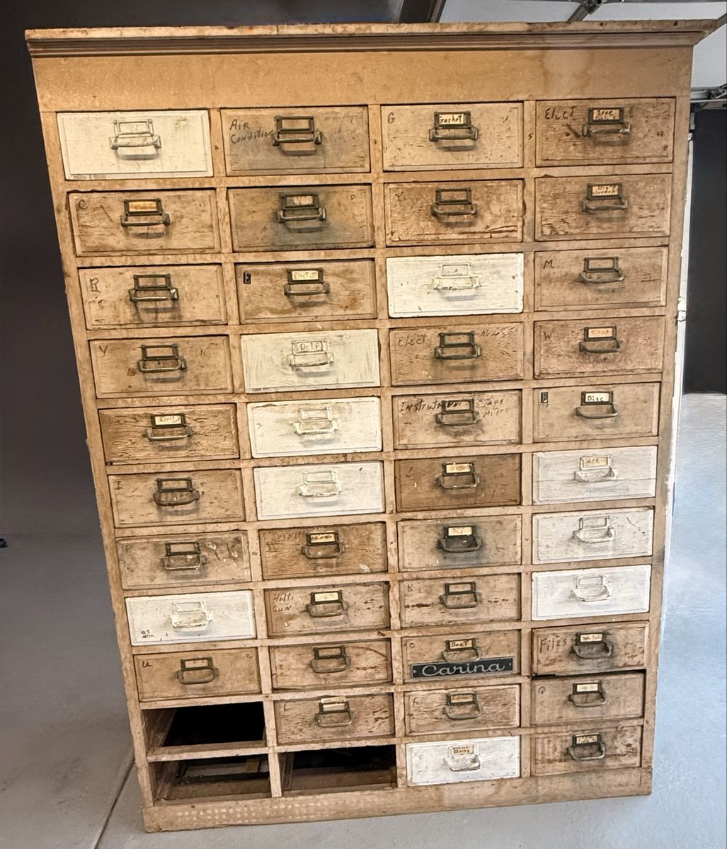 Vintage Industrial Workshop Parts Cabinet - Solid Wood Storage - Original Patina, 75"H