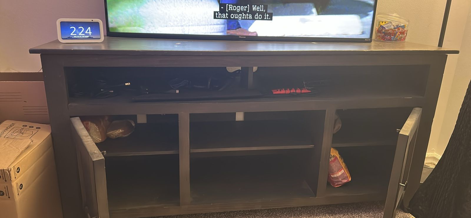 Spacious Wooden TV Stand with Multiple Shelves and Cabinet Storage - Dark Brown/Gray