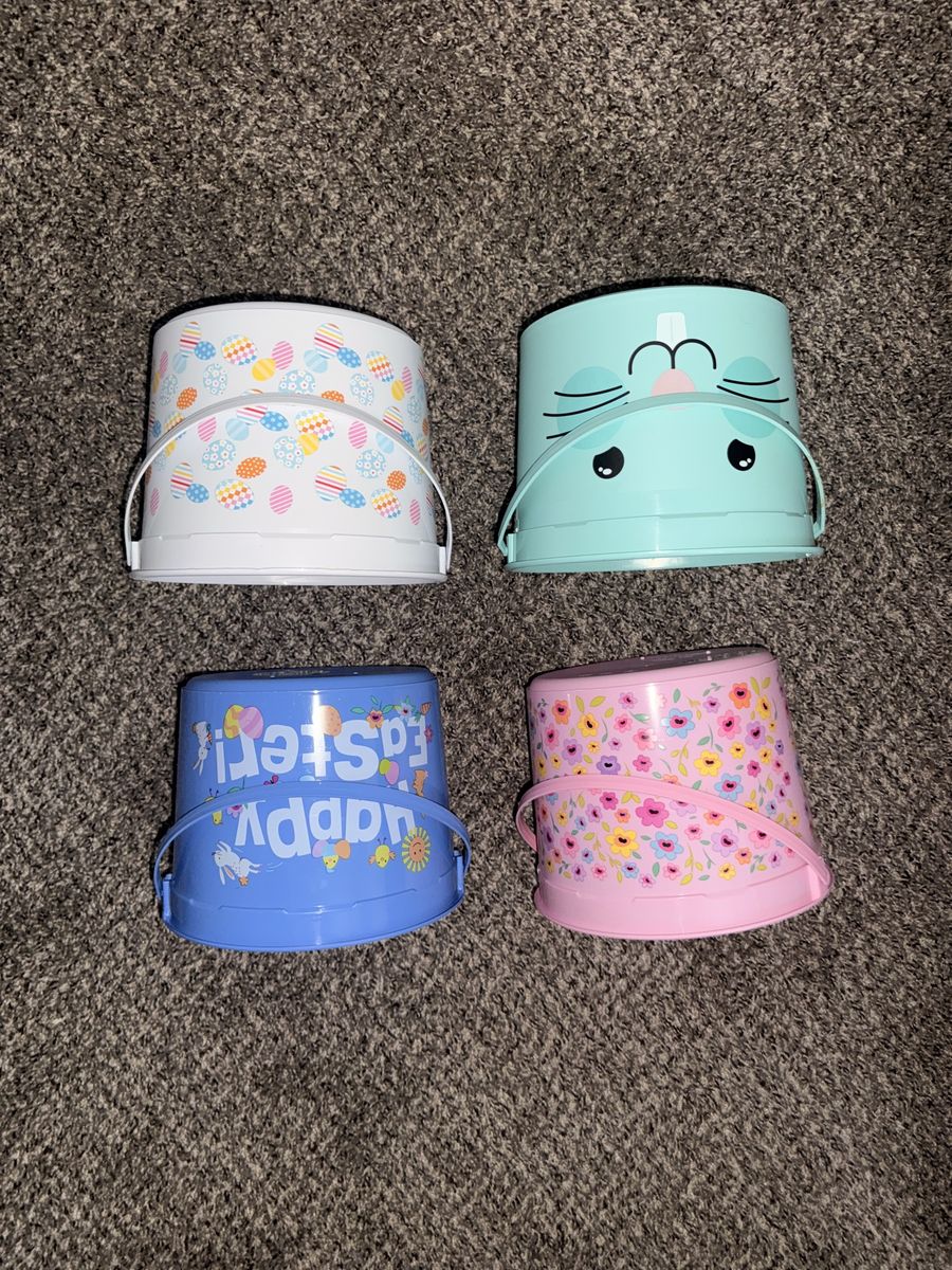 Set of 4 Easter Buckets - White, Blue, Pink, & Bunny Green - Holiday Decor & Storage