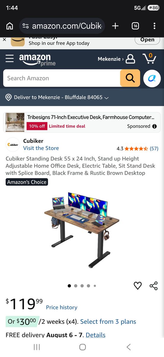 Cubiker 55" x 24" Electric Standing Desk - Rustic Brown Top / Black Frame