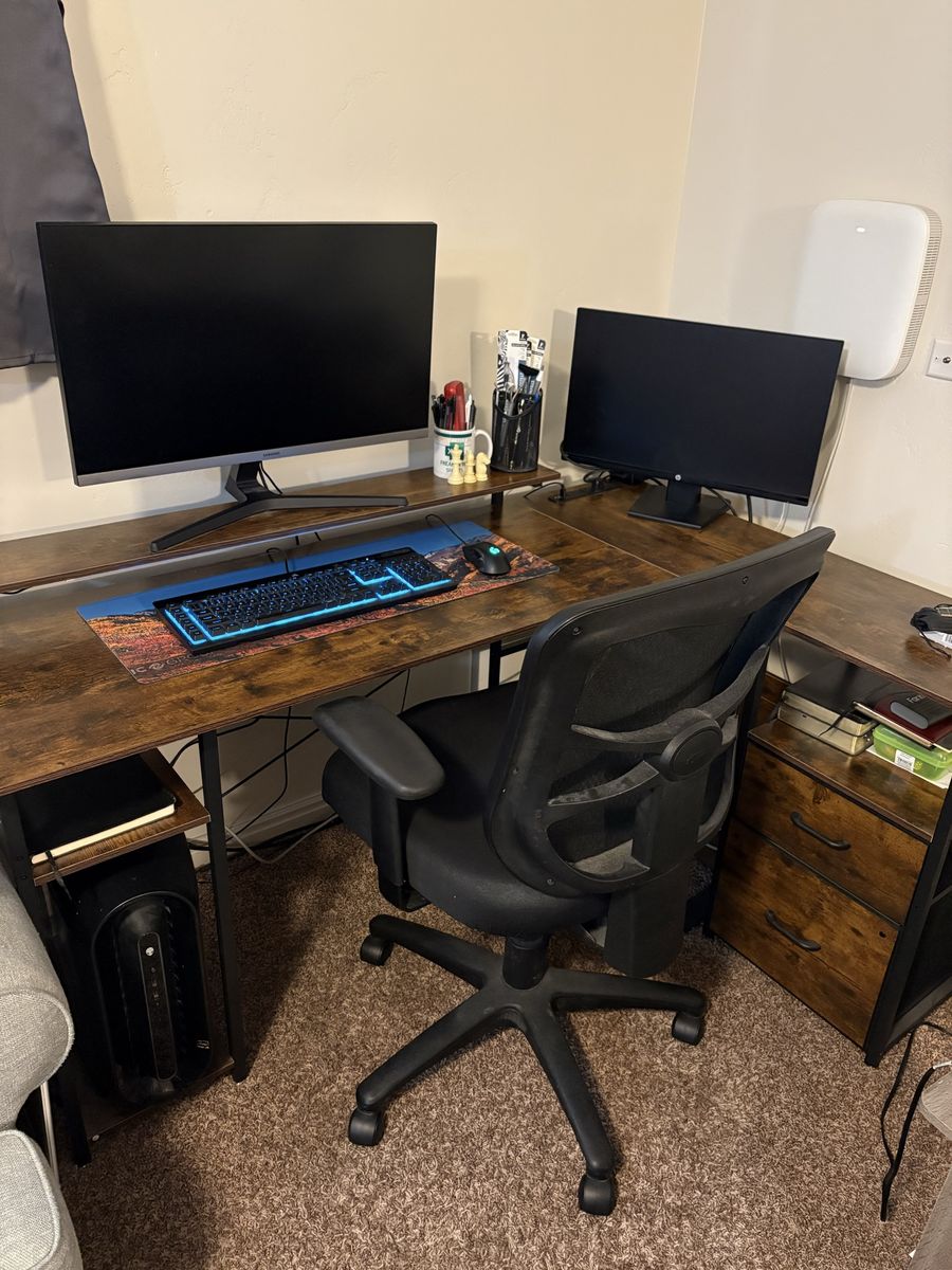 Rustic Brown L-Shaped Computer Desk with Built-In Power Strip and Shelving