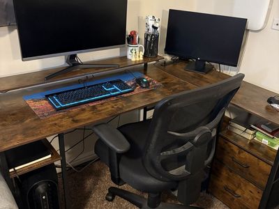 Rustic Brown L-Shaped Computer Desk with Built-In Power Strip and Shelving
