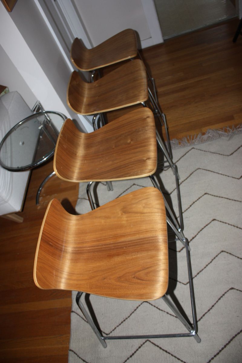 Crate & Barrel Netto Walnut Bentwood Bar Stools - Set of 4, 24.5" Seat Height, Chrome Base