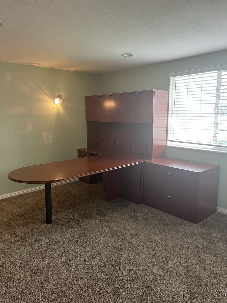 L Shaped Solid Wood Executive Office Desk with Hutch & File Cabinet