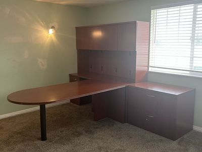 L Shaped Solid Wood Executive Office Desk with Hutch & File Cabinet