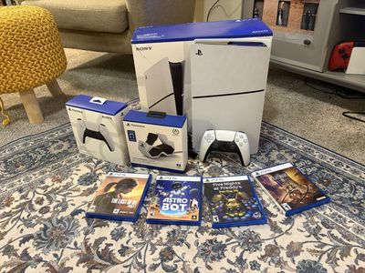 Sony PlayStation 5 Disc Edition Console Bundle w/ 2 Controllers, Charging Dock & 4 Games