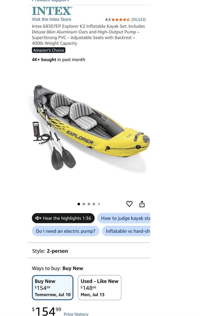 Intex 68307EP Explorer K2 Inflatable Kayak Set