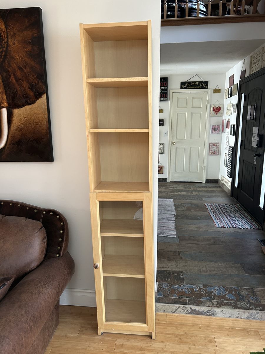 Bookcase, Ikea, 6 shelves w/glass front door at bottom