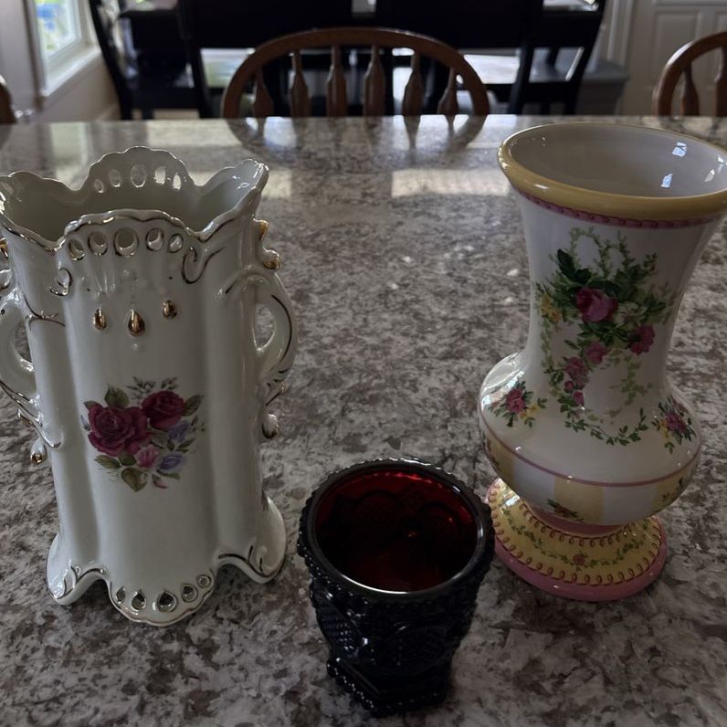 Vintage Ceramic Vases and Red Glass Candle Holder Lot of 3