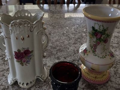 Vintage Ceramic Vases and Red Glass Candle Holder Lot of 3