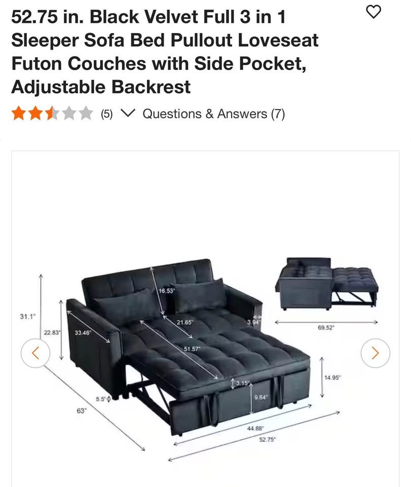 Black Velvet Full 3 in 1 Sleeper Sofa Bed