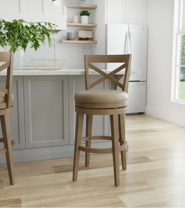 HH2 Grace Wood Swivel Counter Height Stool. Brown Oak with Taupe Faux Leather #95422