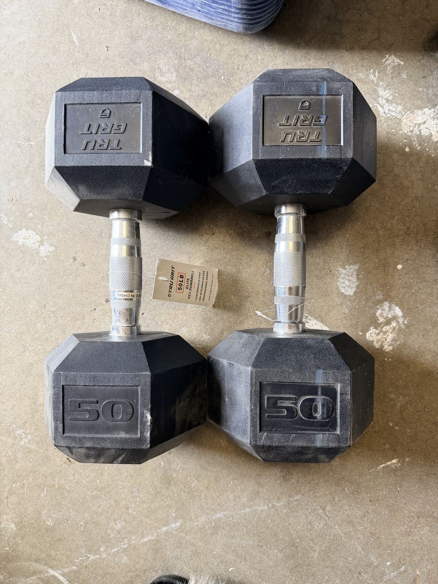 TRU GRIT Elite Hex Dumbbells - 50lb Pair, Rubber Coated, Ergonomic Grip