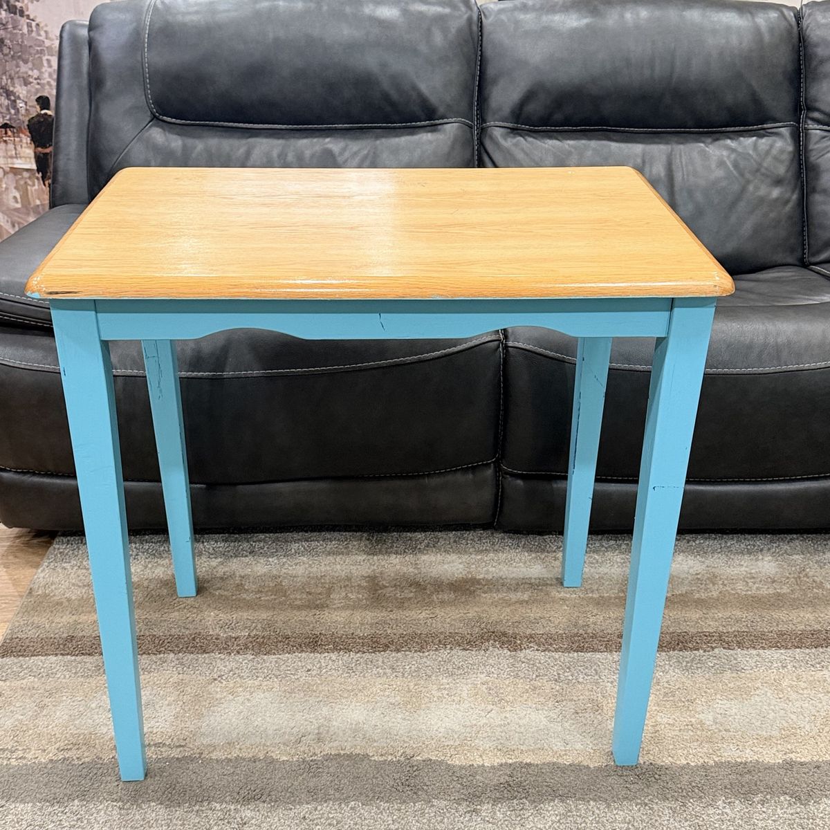 Vintage Wooden Side Accent Table with Light Blue Painted Base