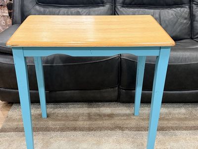 Vintage Wooden Side Accent Table with Light Blue Painted Base