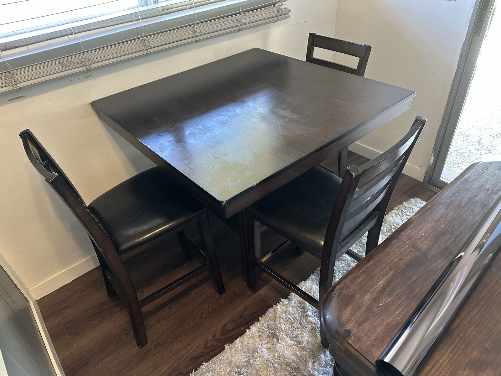 RC Willey Dark Wood Counter Height Dining Table with 4 Chairs - Black Faux Leather Seats