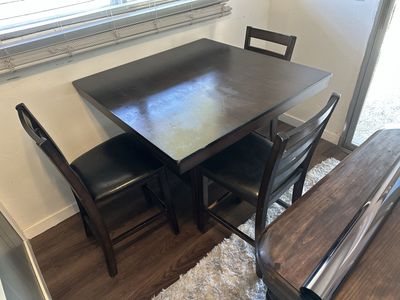 RC Willey Dark Wood Counter Height Dining Table with 4 Chairs - Black Faux Leather Seats