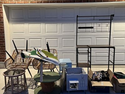 All Free! Patio set, cat tree, kitchen shelves, random kitchen things, ninja blender, juicer, side table, outdoor cat house, etc
