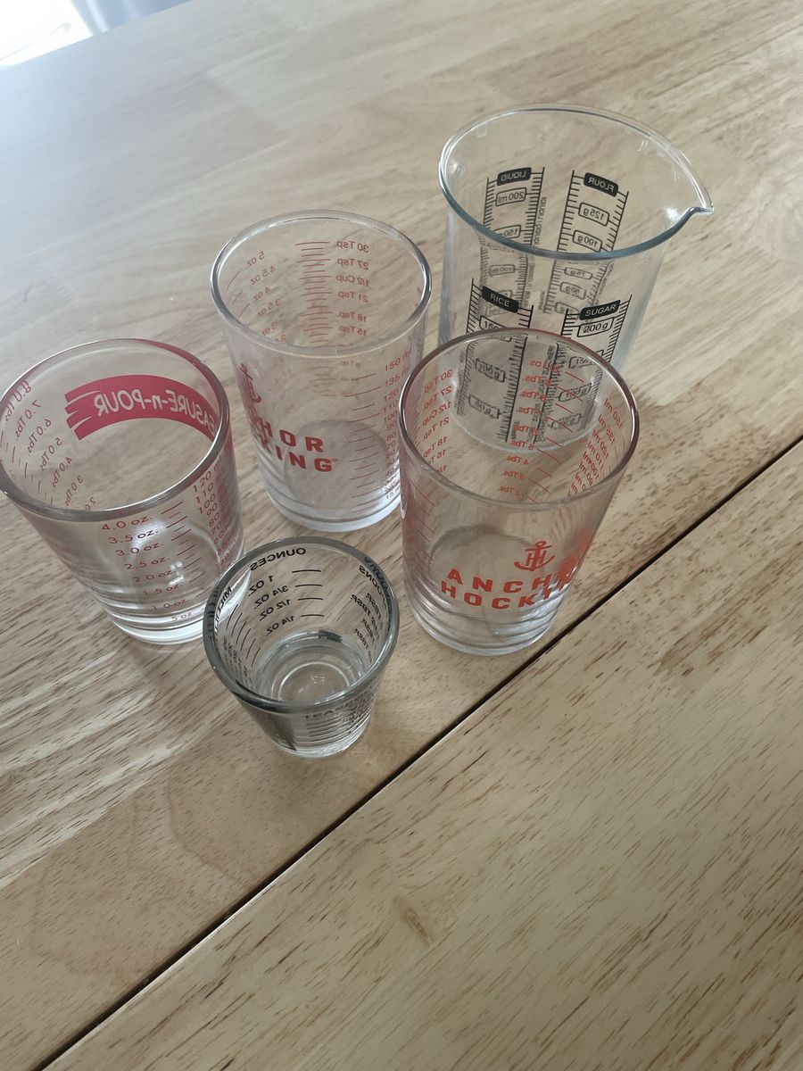 Set of 5 Glass Measuring Cups and Shot Glasses Including Anchor Hocking